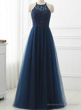 A-line Navy Blue Tulle Halter Crossed Back Long Prom Dress